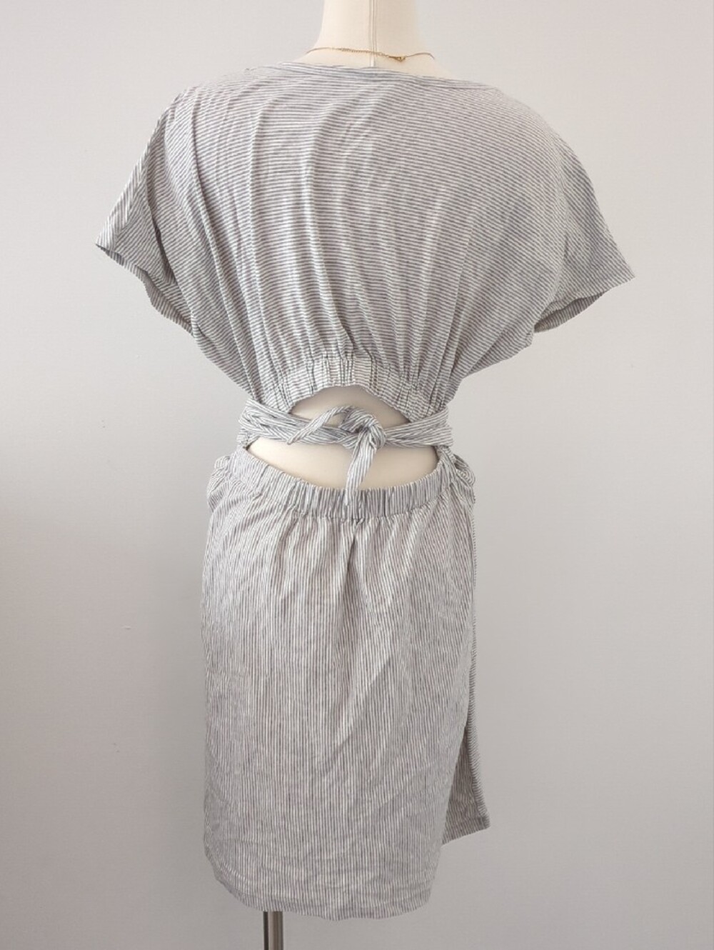Gray and White Striped Tee Dress With Tie Waist And Back Cutout - Coastal - Picture 3 of 11